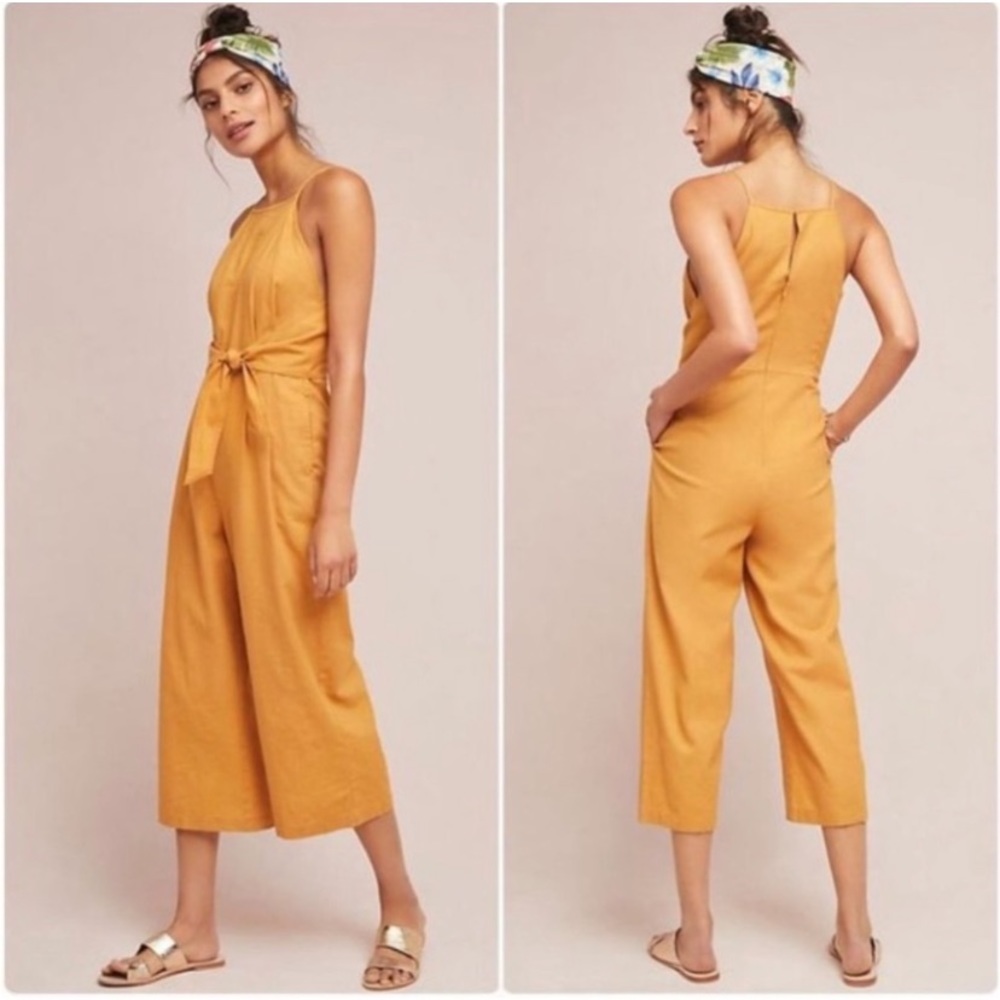 Anthropologie Greylin Yellow Gold Tied Linen Cropped Wide Leg Jumpsuit size med.